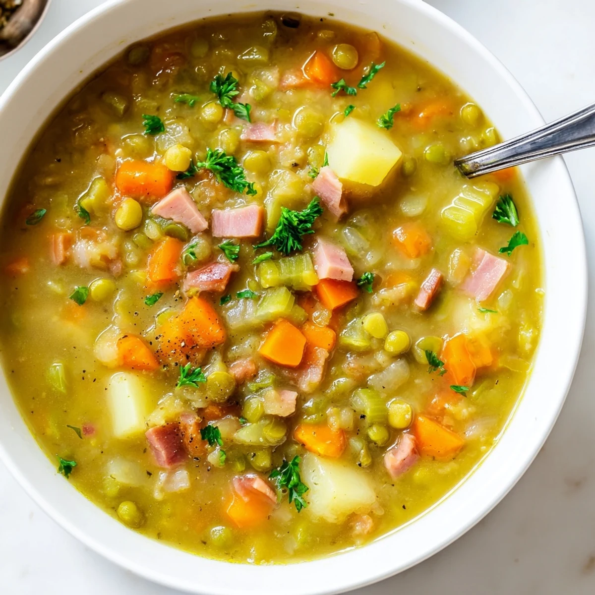 Steaming bowl of hearty split pea soup with diced vegetables and fresh parsley garnish on a rustic wooden table.