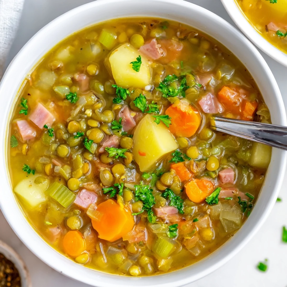 Creamy hearty split pea soup featuring tender split peas, carrots, and celery in a white ceramic bowl.