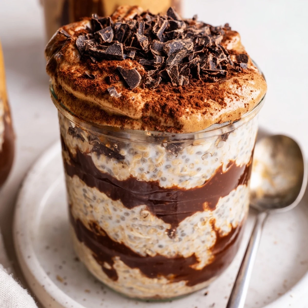 Glass jar displaying layered tiramisu overnight oats with espresso cocoa swirl and chocolate shavings