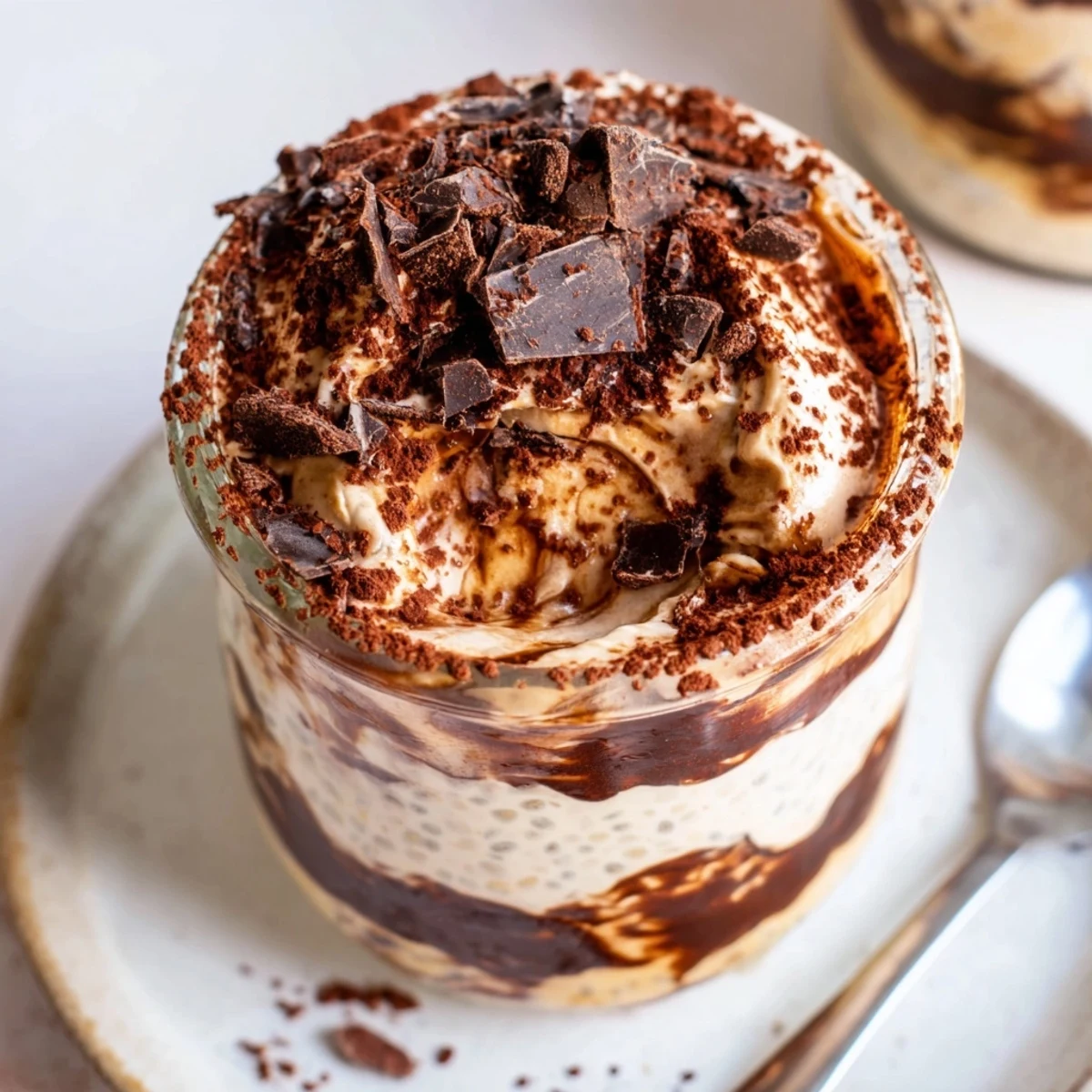Close up of creamy tiramisu overnight oats in mason jar topped with dusted cocoa powder