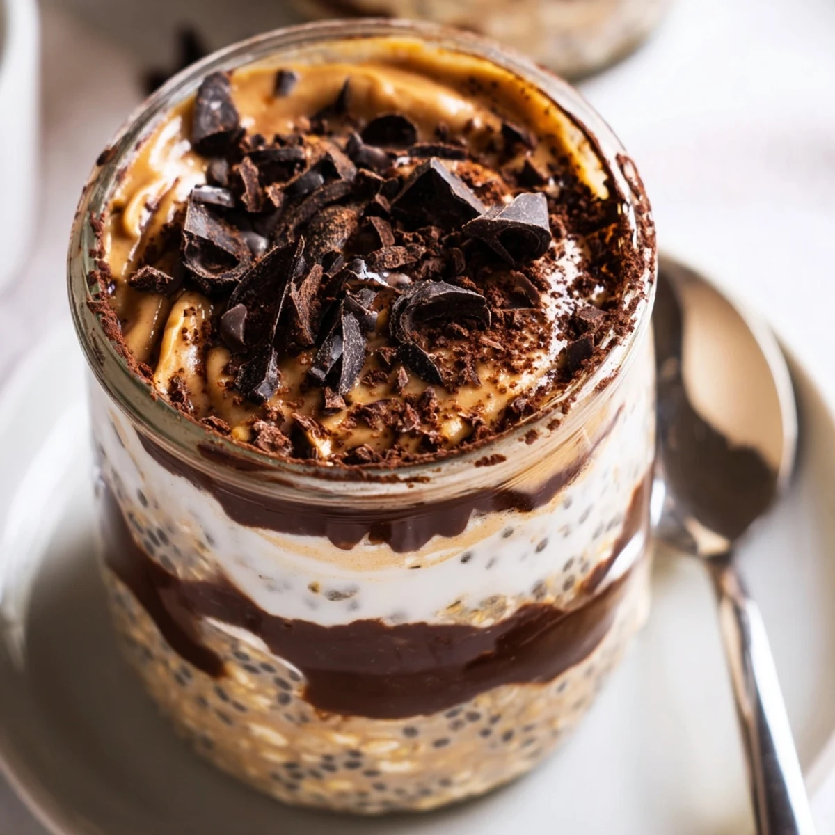 Spoonful of coffee infused tiramisu overnight oats revealing mascarpone layers and dark chocolate garnish