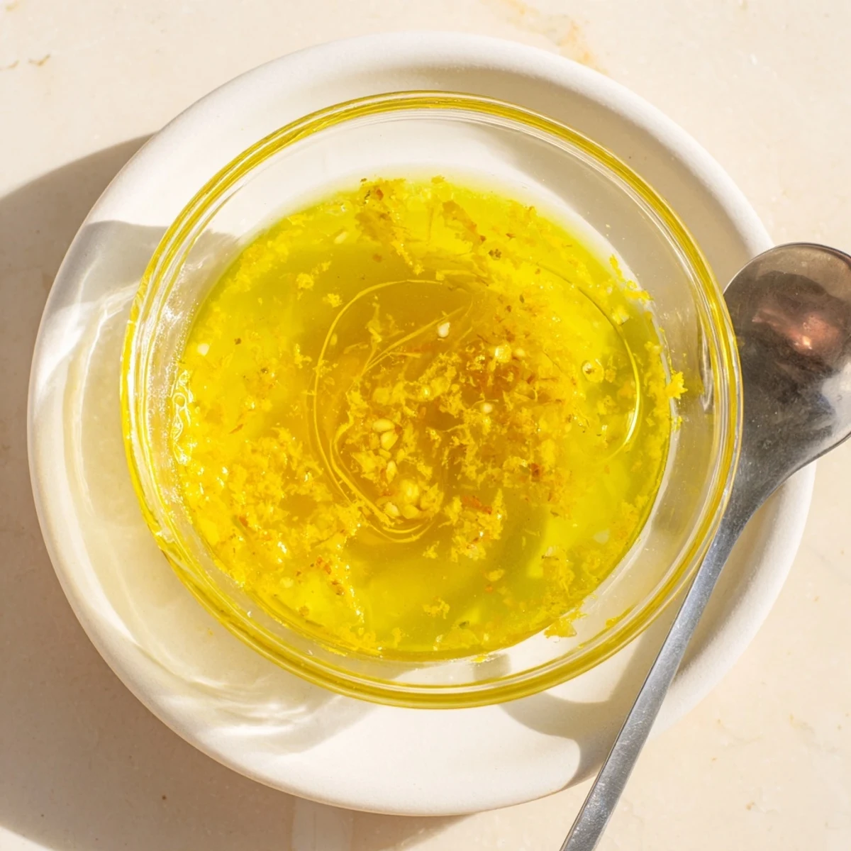 Golden bright lemon vinaigrette dressing drizzled over fresh mixed green salad with cherry tomatoes