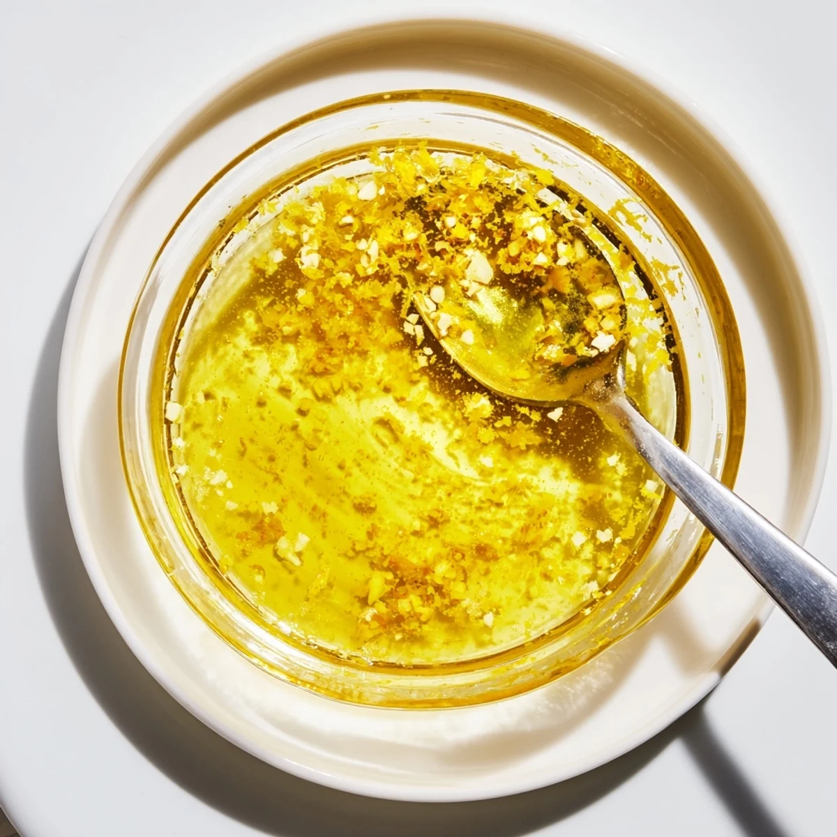 Creamy bright lemon vinaigrette dressing in glass jar with fresh lemon slices and herbs on wooden board