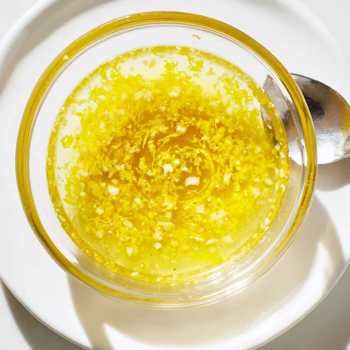 Zesty bright lemon vinaigrette dressing emulsified in white ramekin with whisk and olive oil bottle nearby