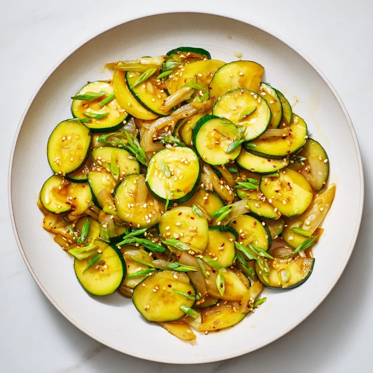 Glossy Japanese zucchini onion stir fry served in white bowl with sesame seed garnish