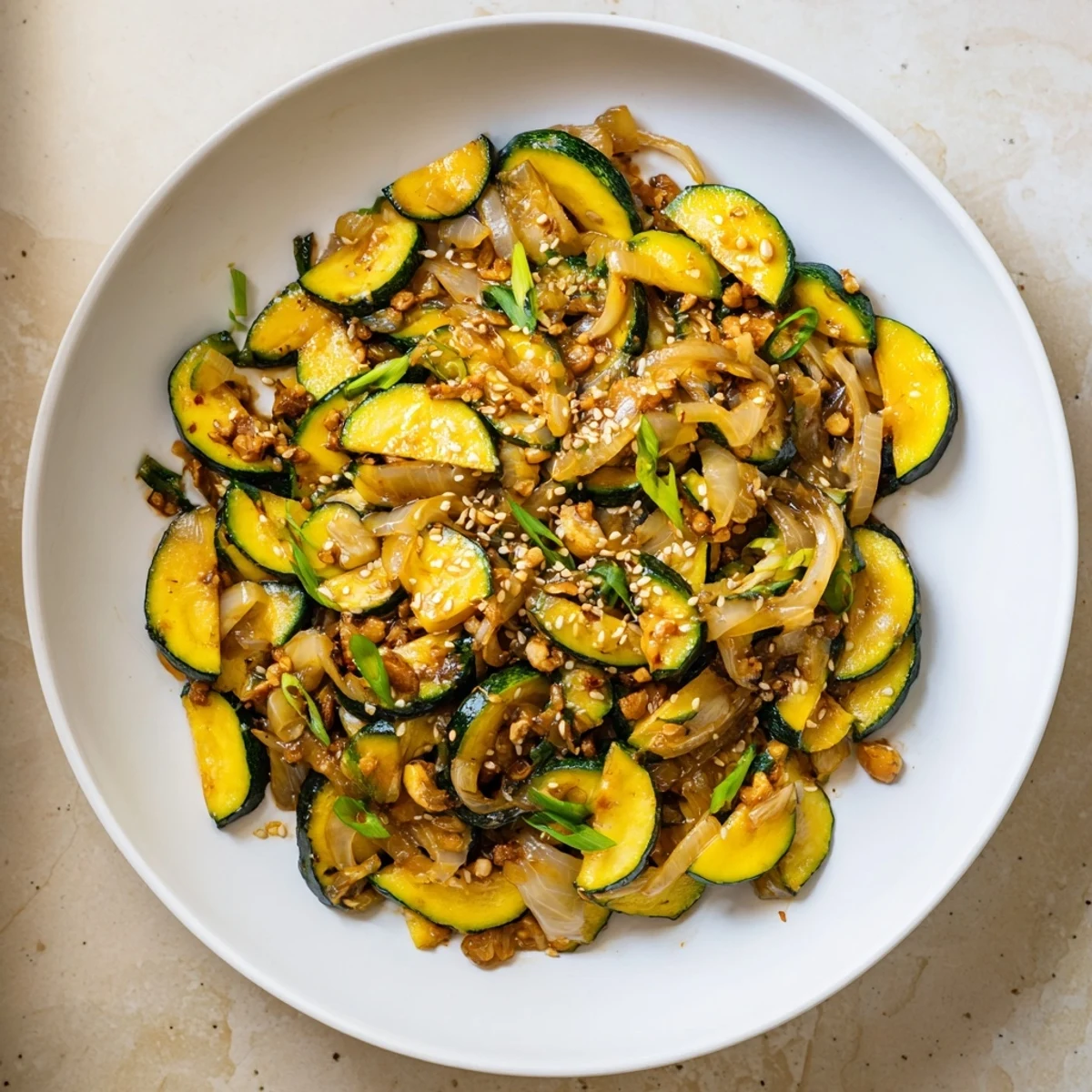 Sizzling skillet of Japanese zucchini onion stir fry with green onions and toasted sesame topping