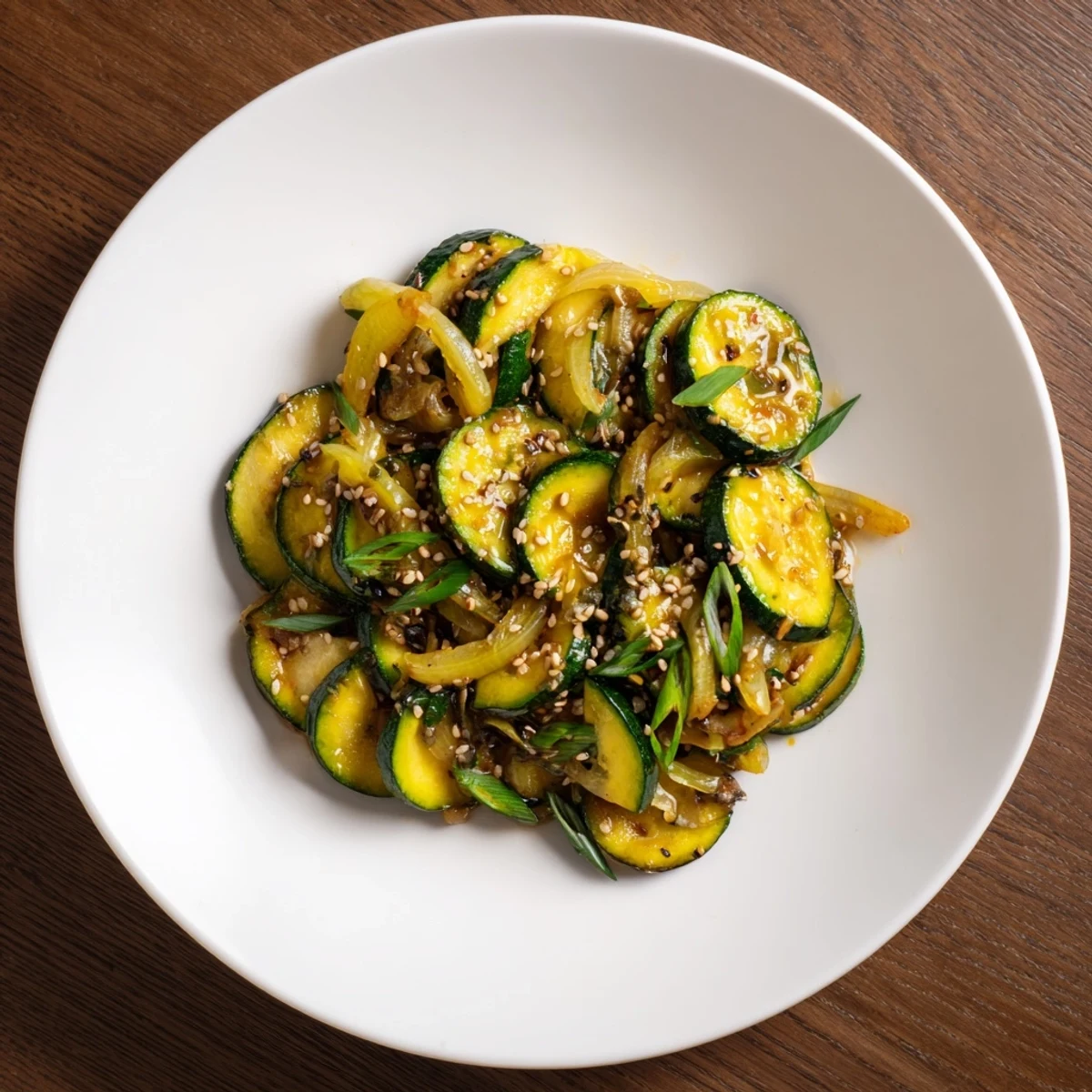 Tender zucchini and sweet onions in savory Japanese stir fry sauce over steamed white rice