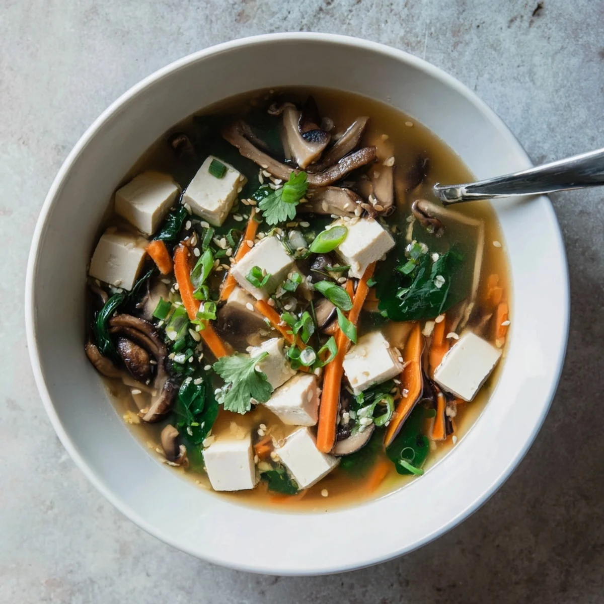 Creamy warm tofu soup with silken cubes, mushrooms, and fresh spinach in aromatic broth