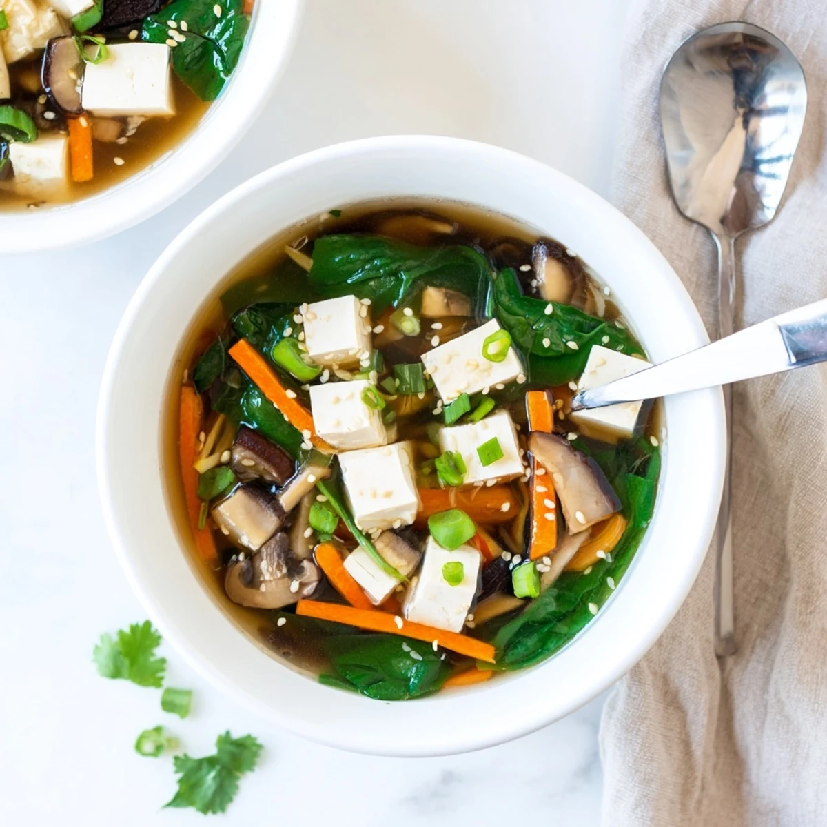 Steaming bowl of warm tofu soup featuring tender vegetables and savory miso-infused stock