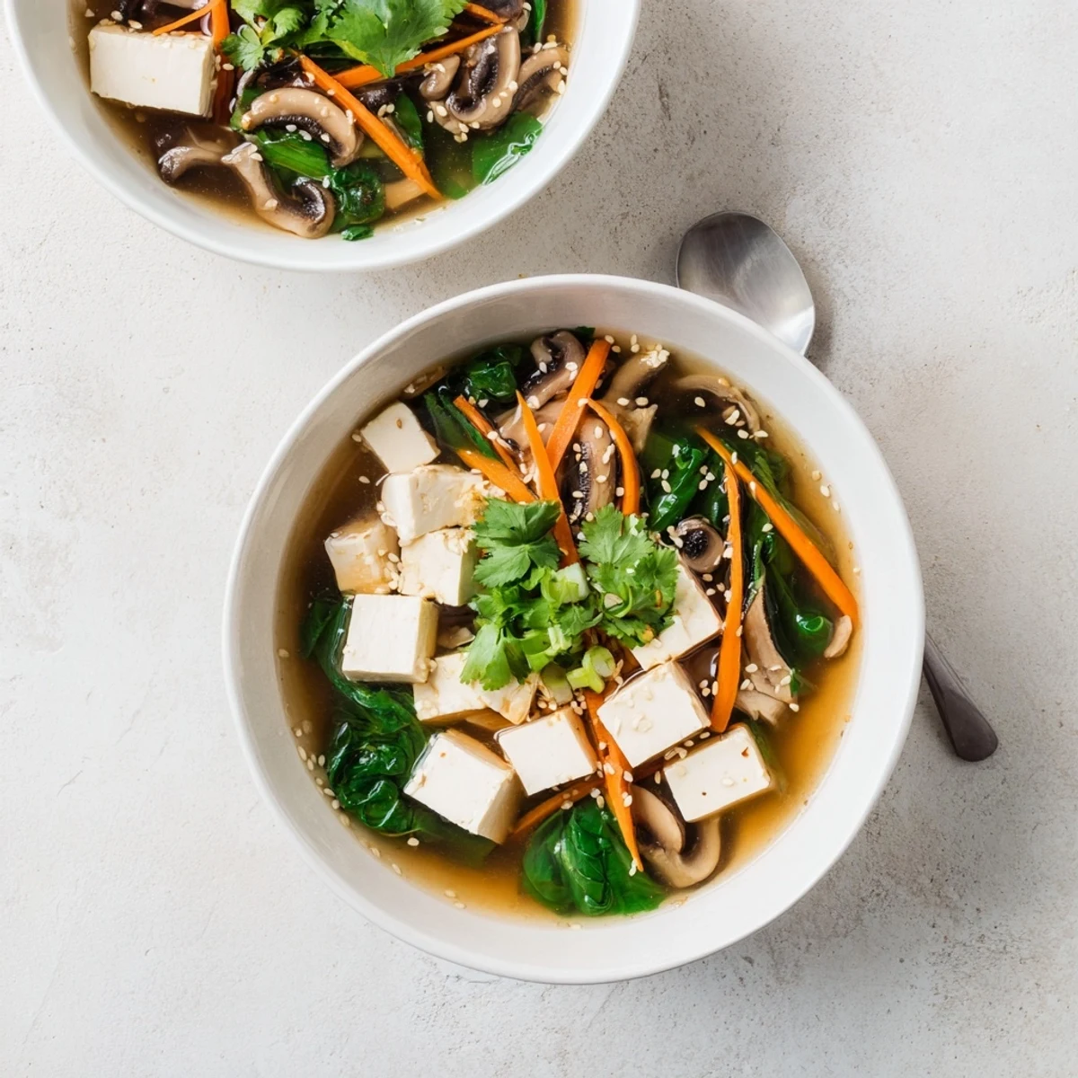 Vibrant Asian-style warm tofu soup garnished with green onions and sesame seeds