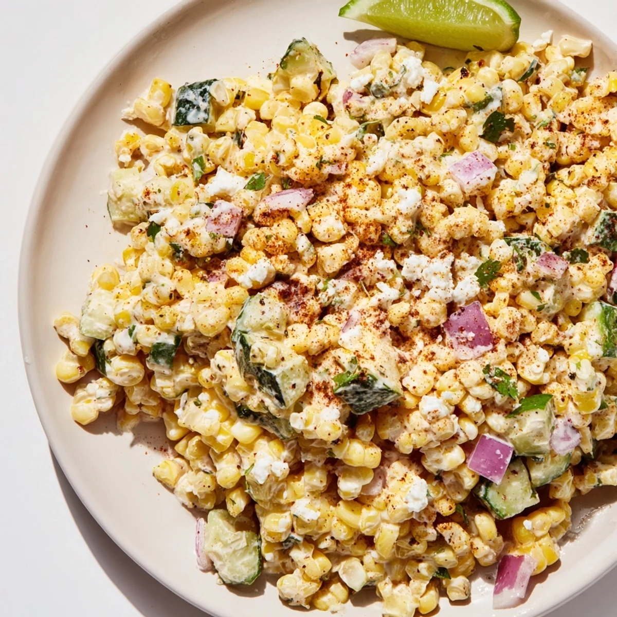 Chilled street corn creamy cucumber salad featuring charred corn kernels in tangy lime dressing