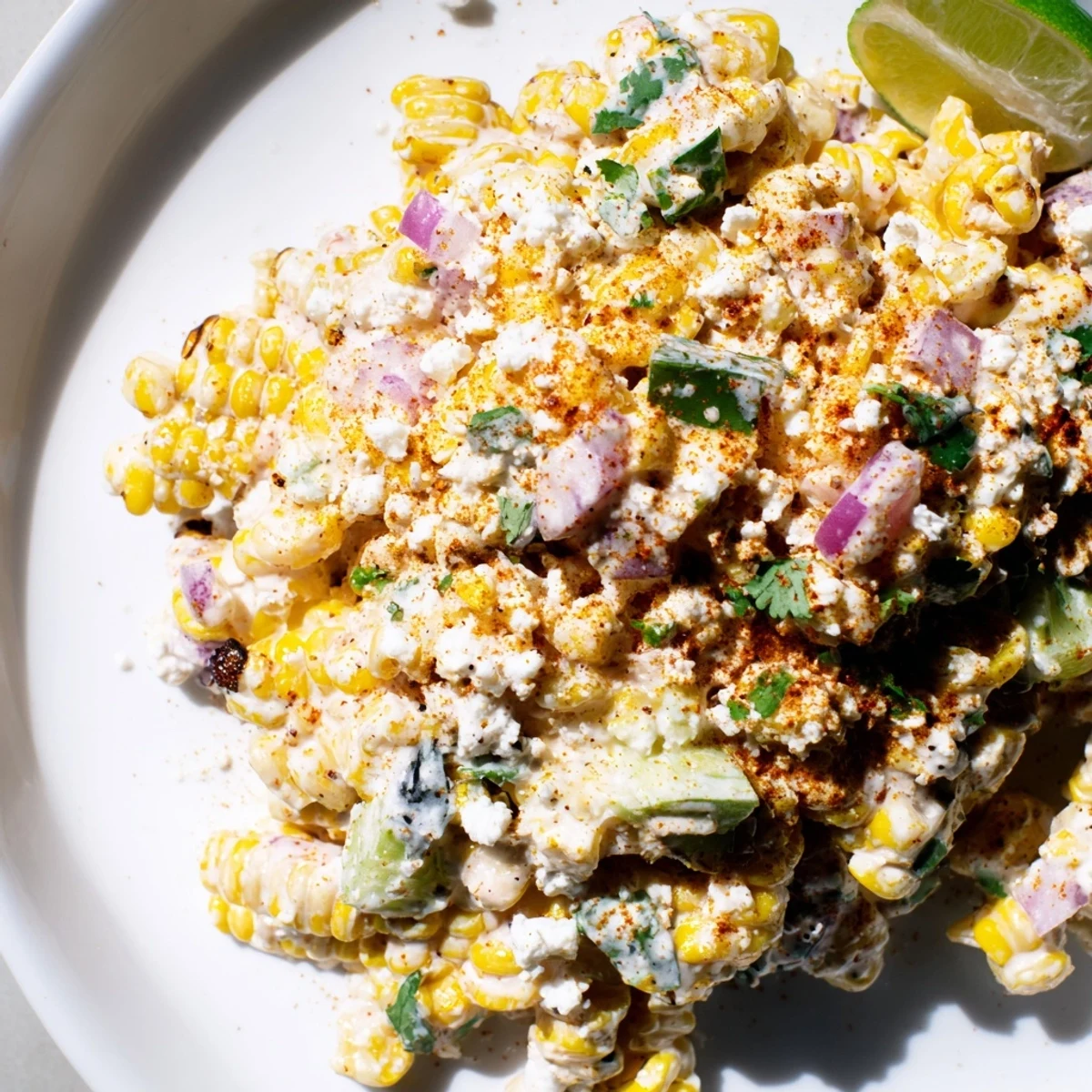 Mexican-inspired street corn creamy cucumber salad sprinkled with chili powder and served with lime wedges