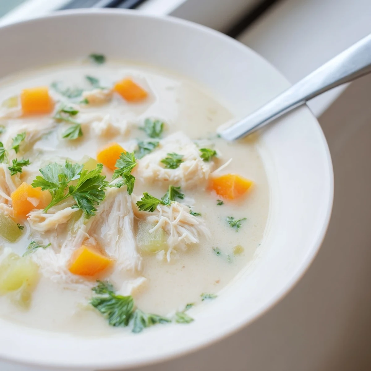 Steaming white ceramic crock filled with thick cream of chicken soup alongside crusty bread slice