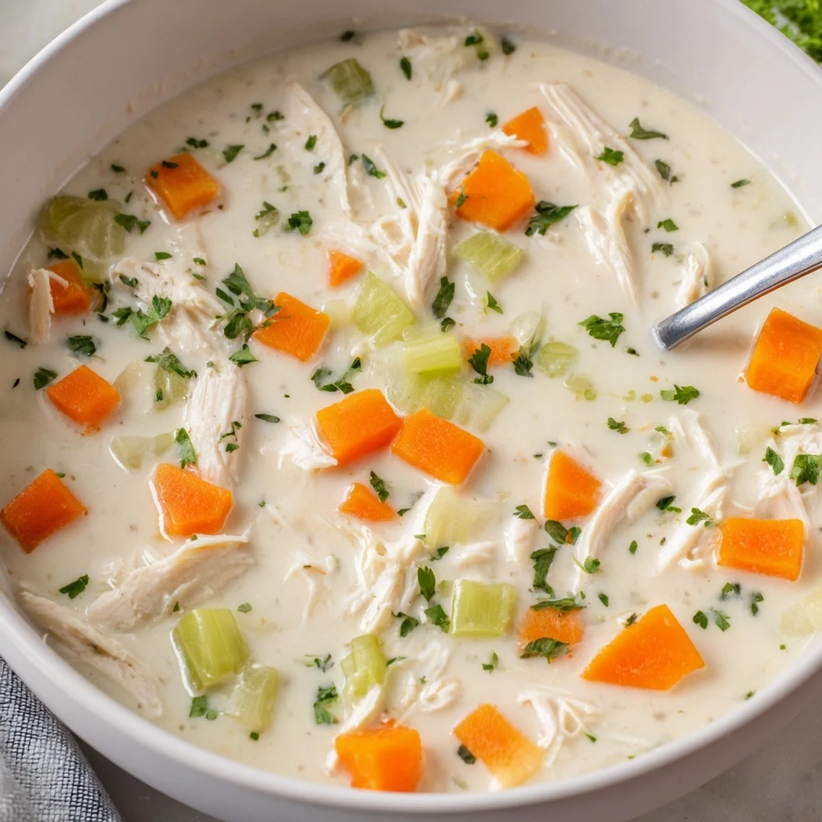 Golden bowl of creamy chicken soup topped with fresh parsley and cracked black pepper
