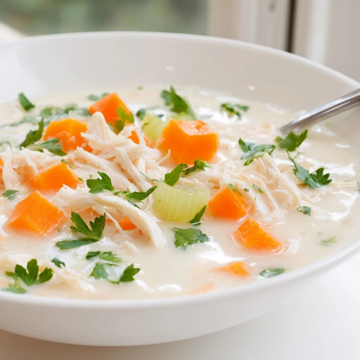 Close-up of velvety cream of chicken soup with shredded chicken, diced carrots, and celery visible