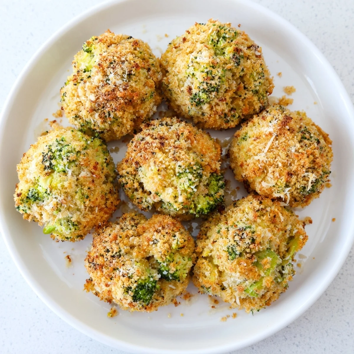 Golden brown baked broccoli and cheese balls arranged on a white serving platter with marinara dipping sauce