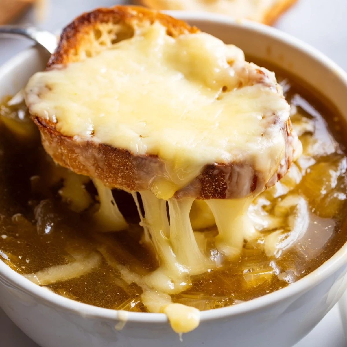 Golden brown caramelized onions float in rich French onion soup beneath bubbling melted Gruyère cheese crust