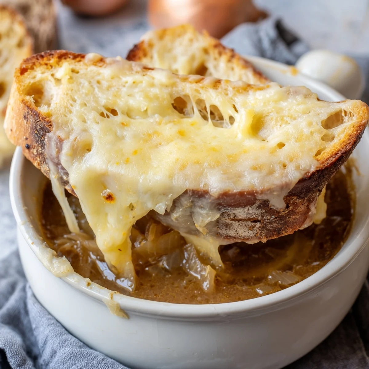 Oven safe bowl of classic French onion soup topped with toasted baguette and golden brown cheese