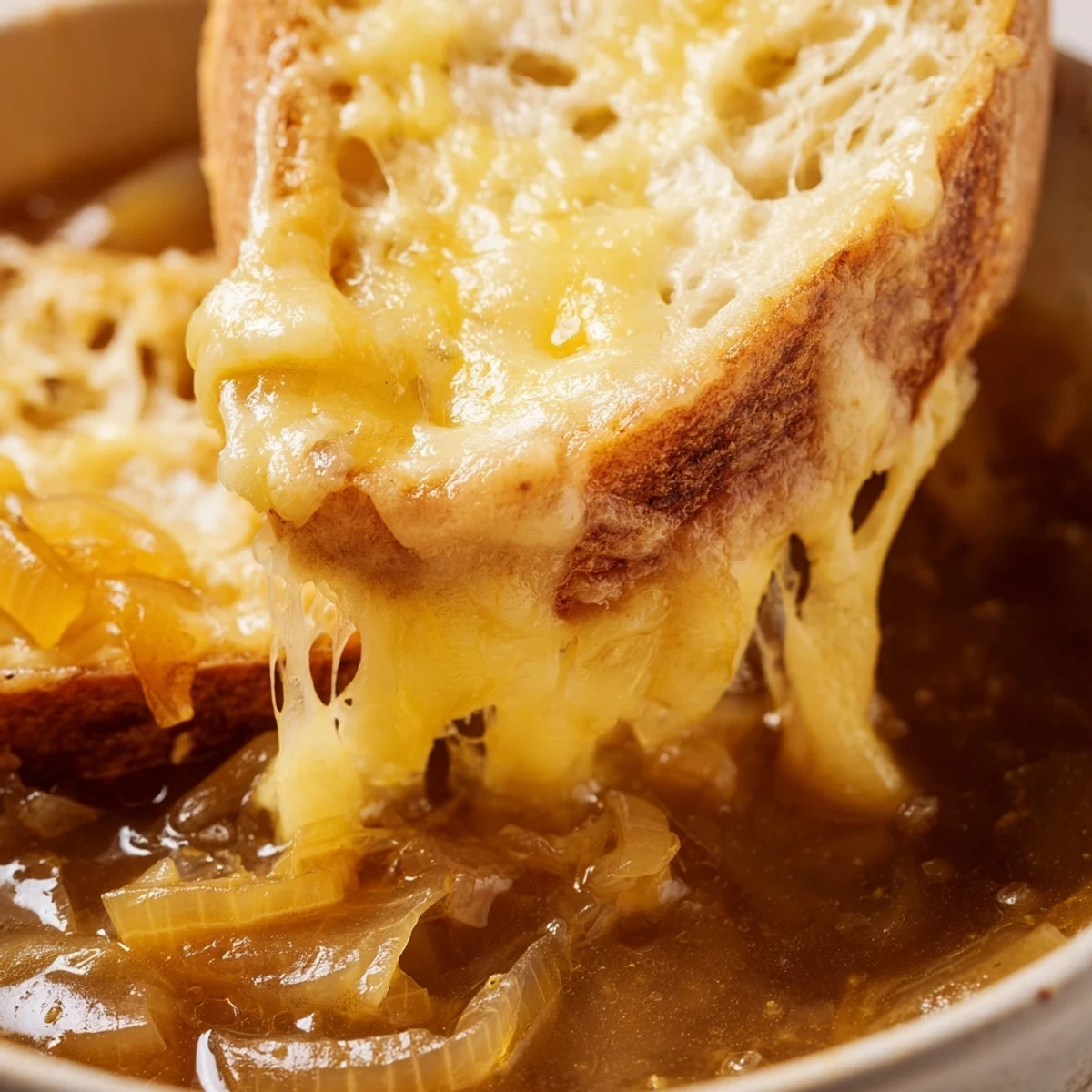 Comforting French onion soup features deep amber broth with crusty bread and gooey cheese topping