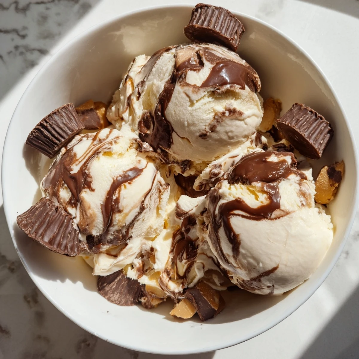 Decadent homemade moose tracks ice cream piled high with melted chocolate fudge and chocolate peanut butter candies ready to serve