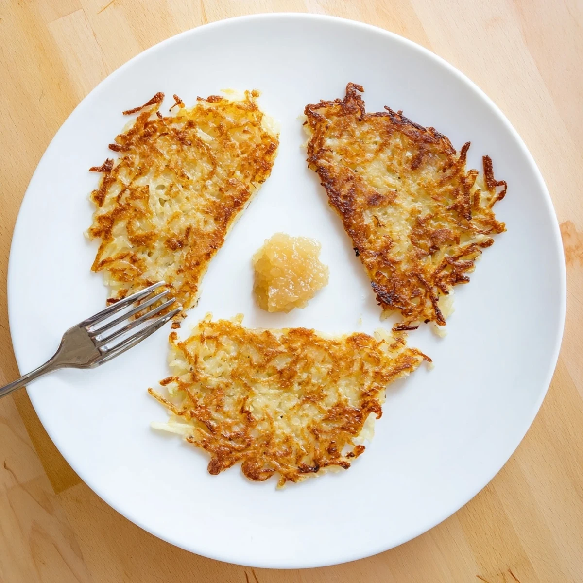 Traditional German potato pancakes served on a white plate with applesauce topping
