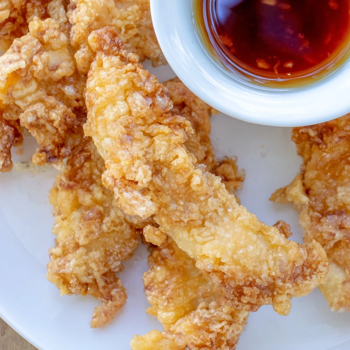 Golden brown chicken tempura pieces with light crispy batter served on white plate