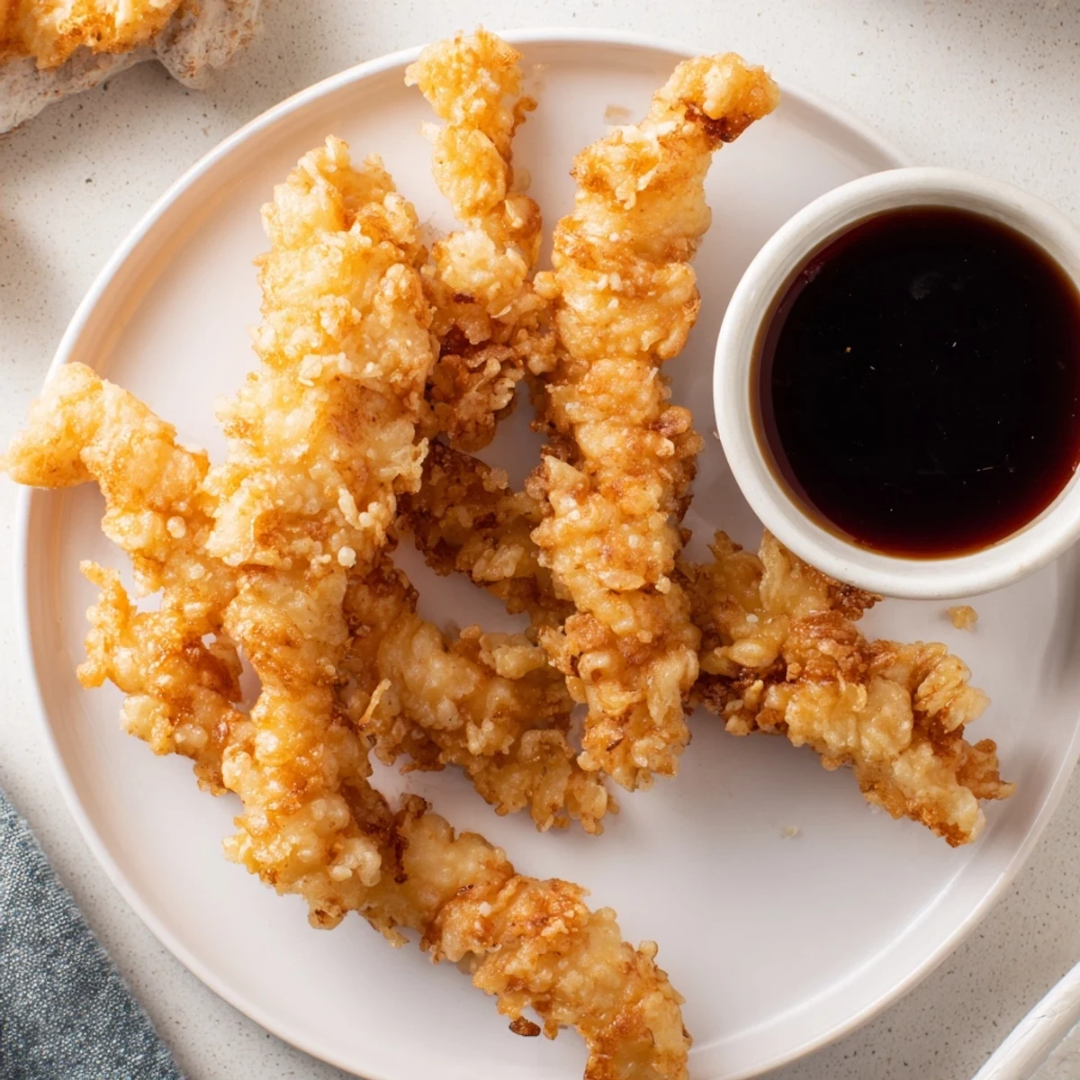 Crispy fried chicken tempura arranged on platter alongside steaming bowl of white rice