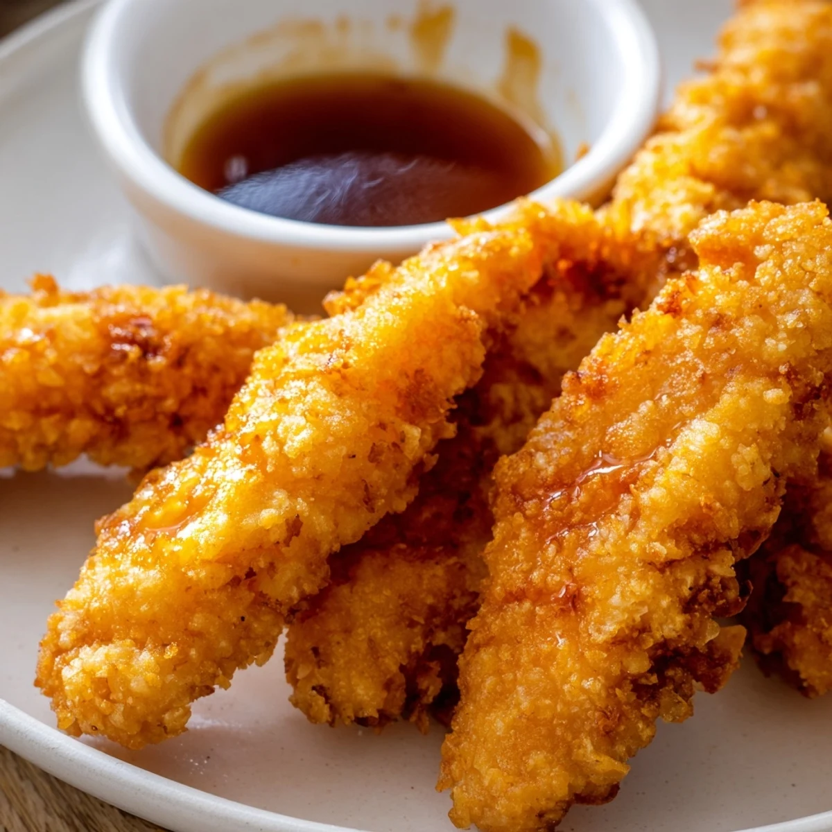 Japanese-style chicken tempura with tangy soy ginger dipping sauce in small bowl