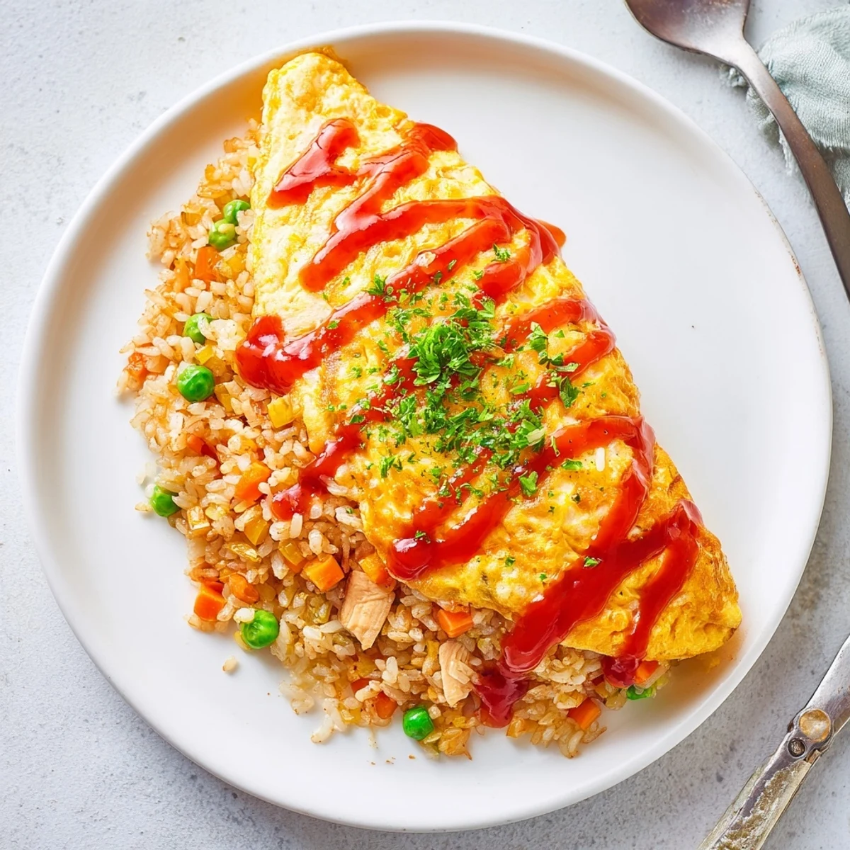 Japanese omurice plated with silky omelet covering tomato-seasoned rice drizzled with red ketchup sauce