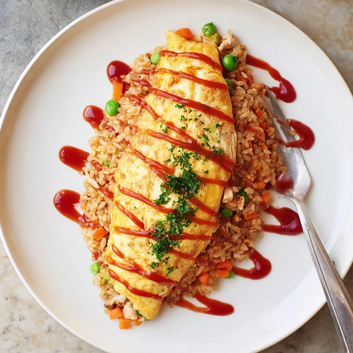 Golden omurice featuring fluffy egg wrapped around savory ketchup fried rice with chicken and vegetables