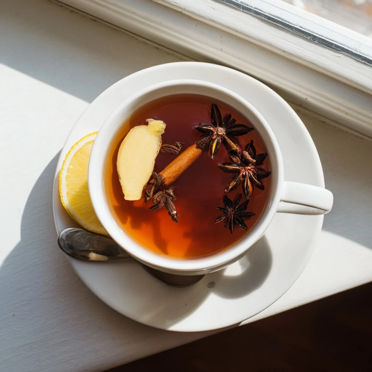 Steaming cup of aromatic Lebanese spiced tea garnished with fresh lemon slice