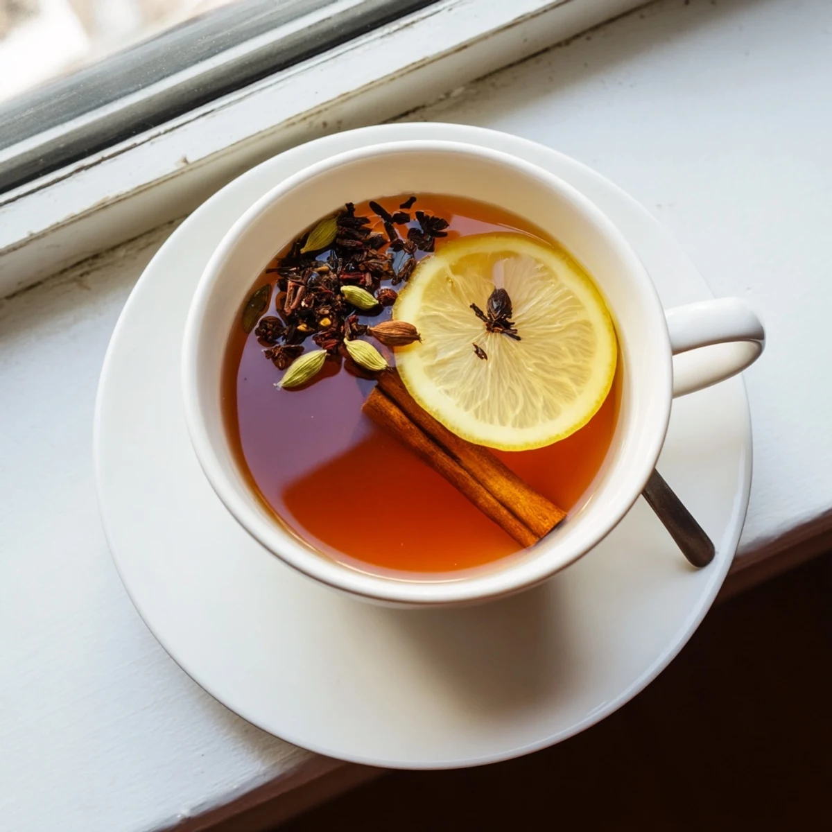 Fragrant Middle Eastern spiced tea with floating whole spices and honey drizzle