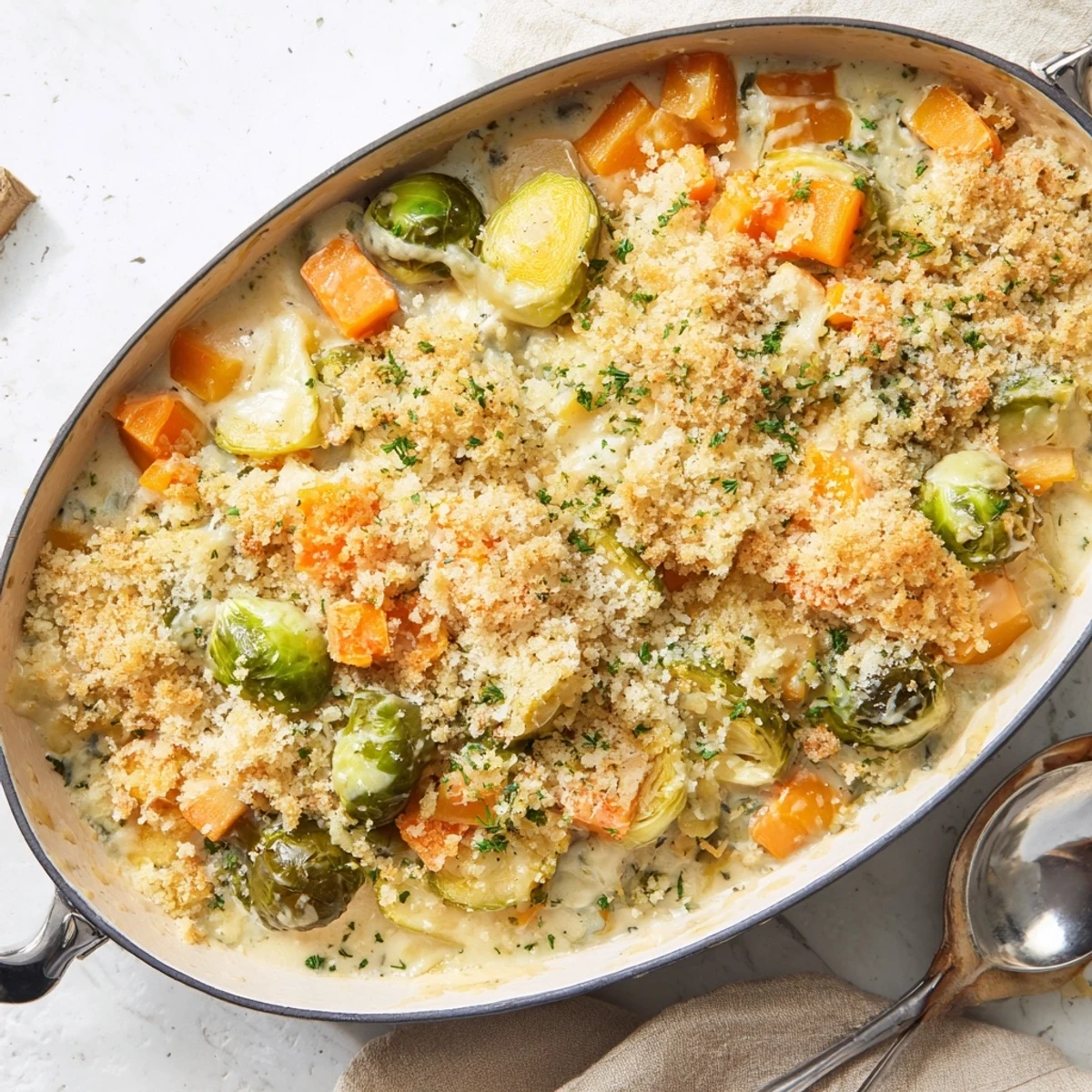 Golden baked creamy winter vegetable casserole topped with melted Gruyère cheese and crispy buttered breadcrumbs