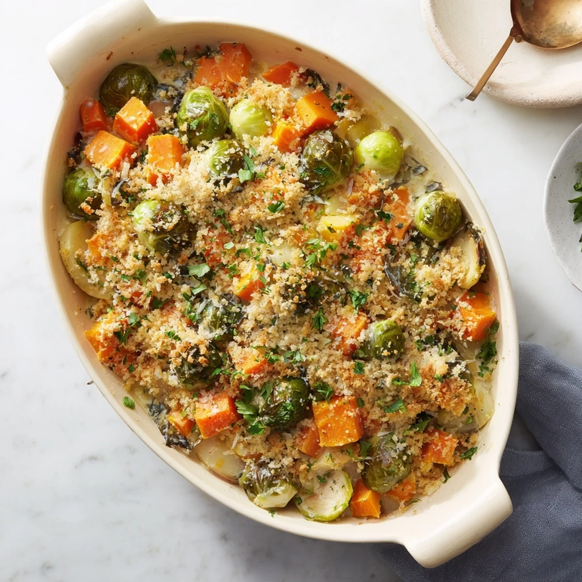 Comforting winter vegetable casserole bubbling with creamy sauce and crunchy parsley topping on a white serving plate