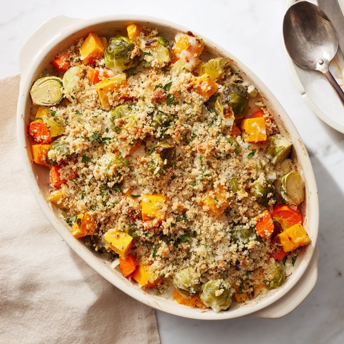 Oven-baked casserole dish filled with tender squash and parsnips in rich herbed cream sauce under golden crust