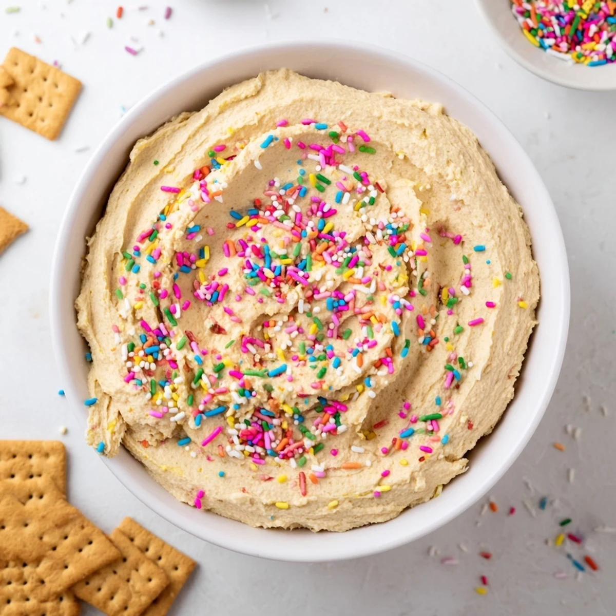 Creamy high protein Dunkaroo dip topped with colorful rainbow sprinkles in a white serving bowl