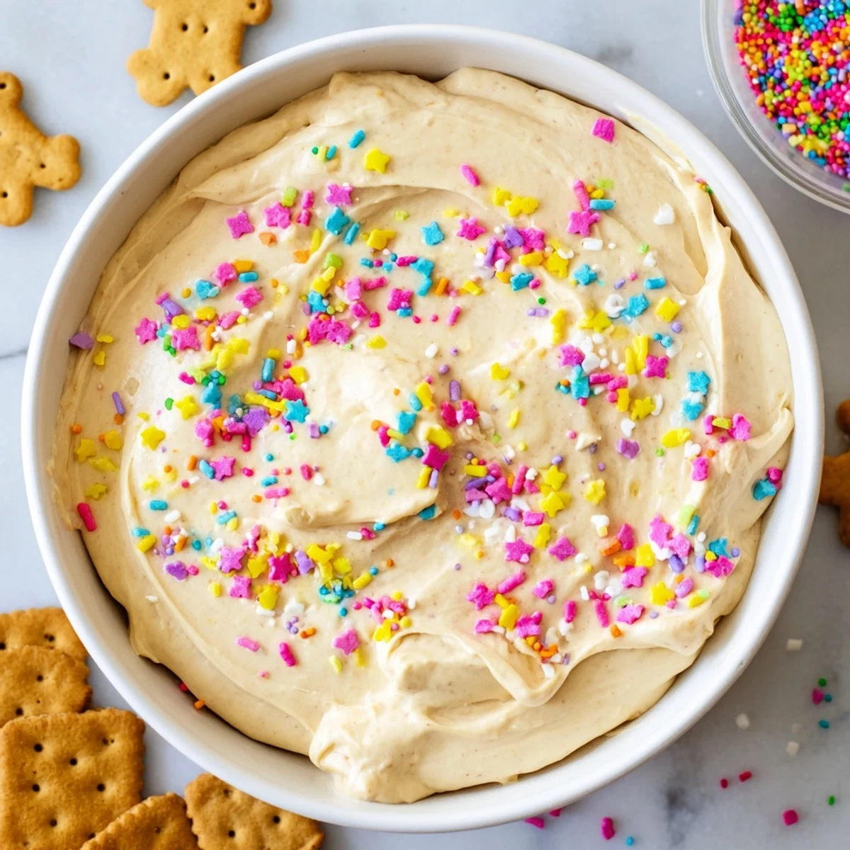Protein-rich Dunkaroo dip with graham crackers arranged around the bowl for easy snacking