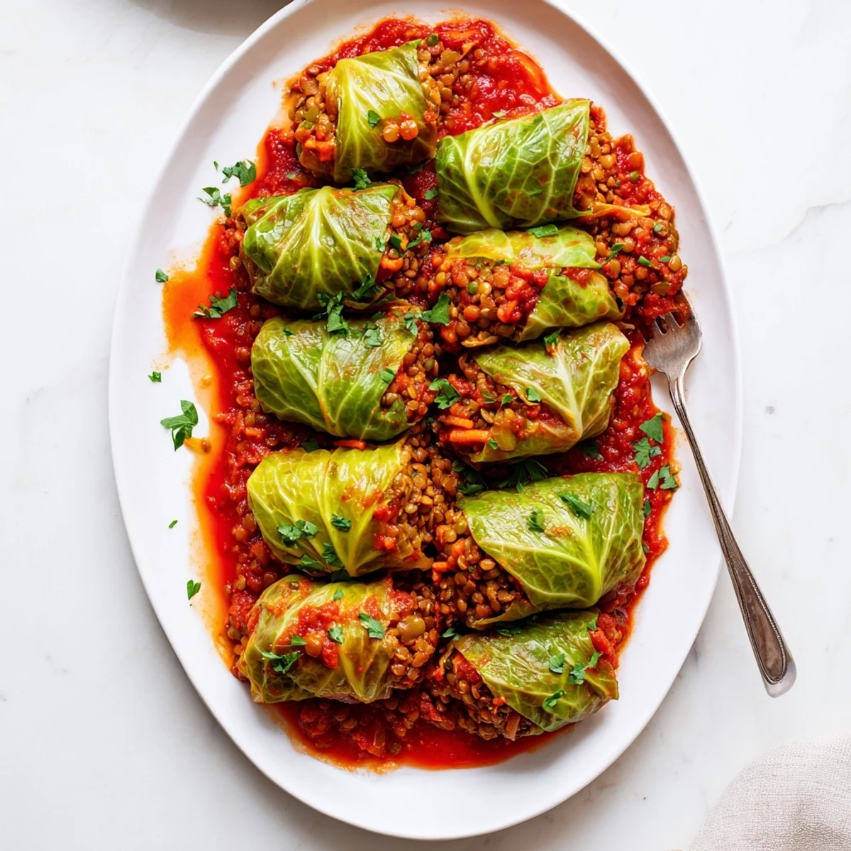 Golden baked vegan cabbage rolls swimming in rich tomato sauce with tender lentil rice filling