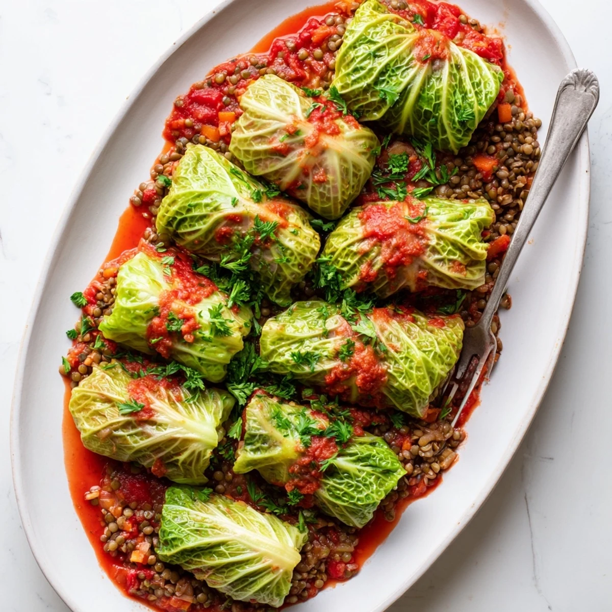 Vegan cabbage rolls arranged in baking dish with bubbling tomato sauce and parsley garnish