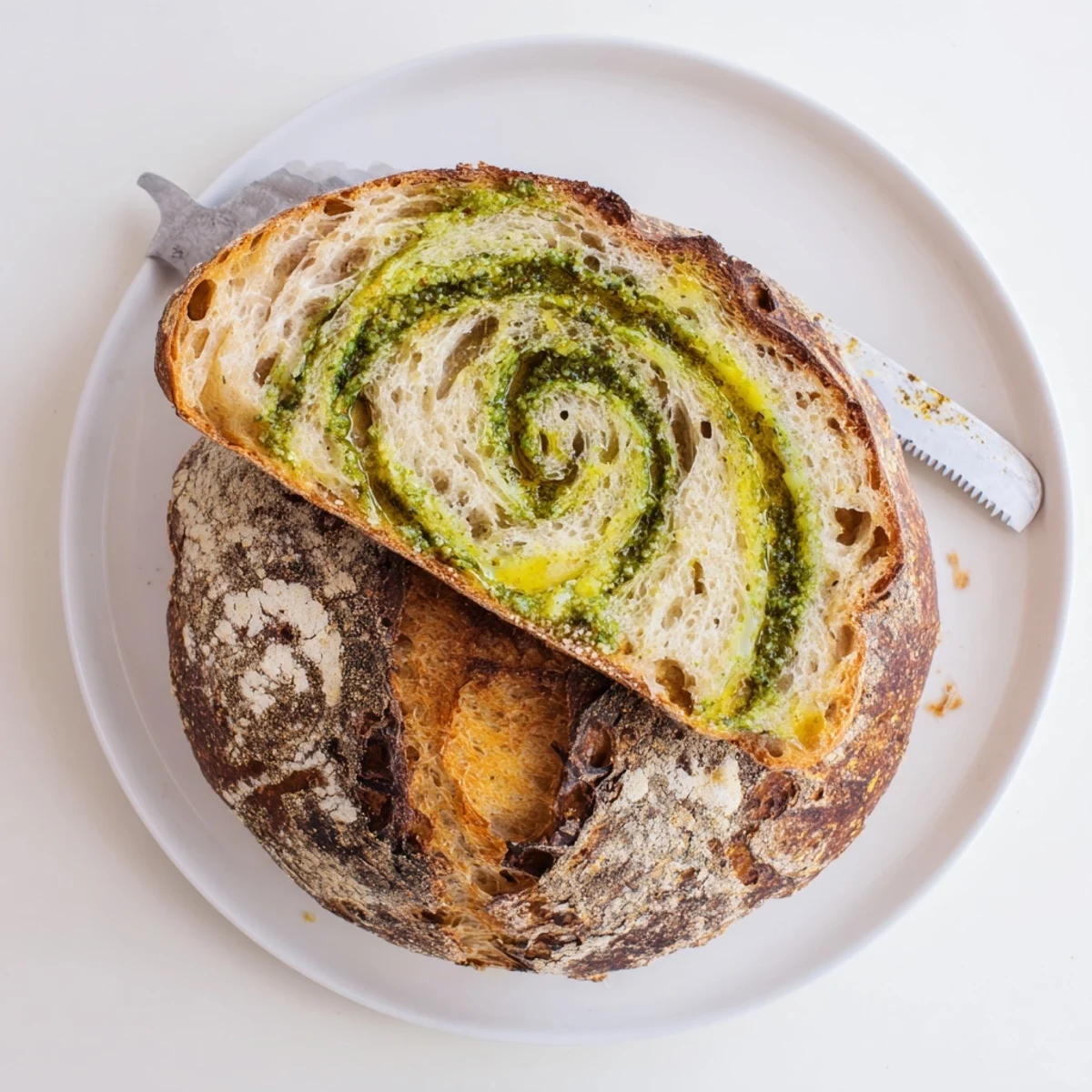Golden brown pesto Parmesan sourdough loaf with swirls of vibrant green basil and melted cheese topping