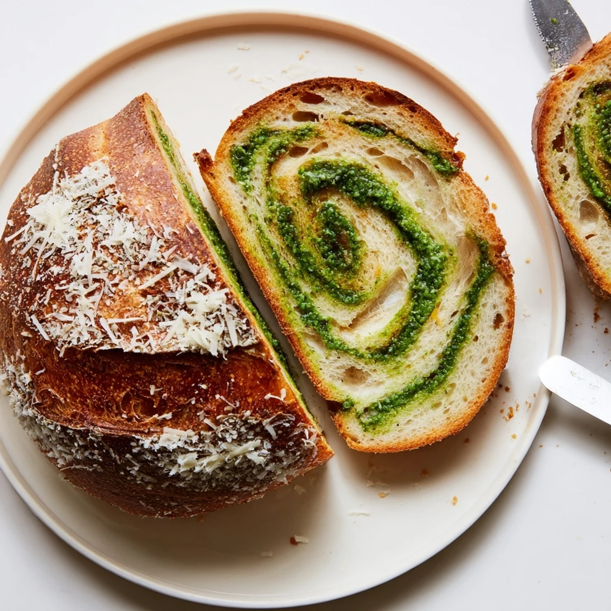 Rustic artisan pesto Parmesan sourdough bread sliced to reveal herb-filled layers and crispy Parmesan crust