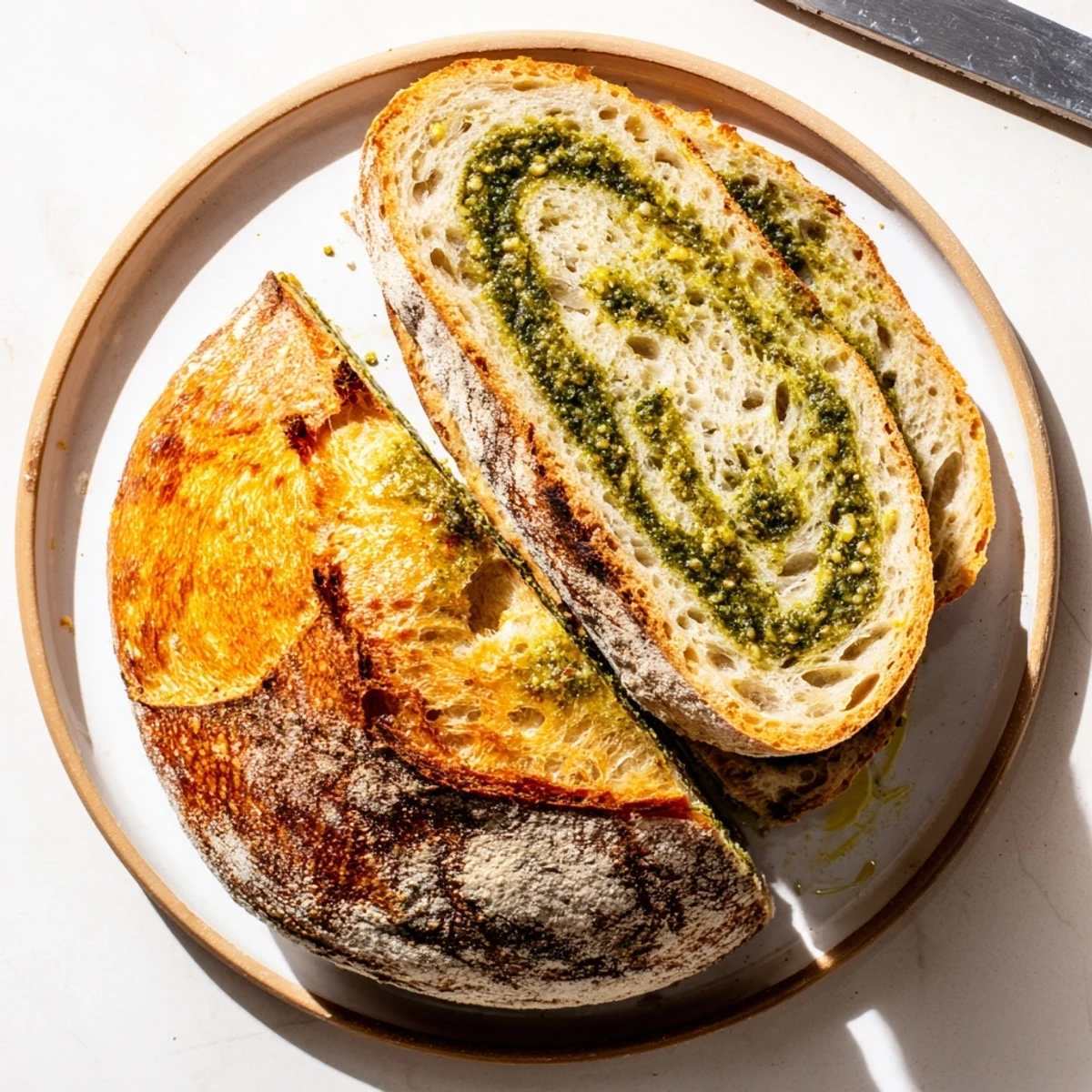 Freshly baked pesto Parmesan sourdough showing golden crust with melted cheese and fragrant basil swirls inside