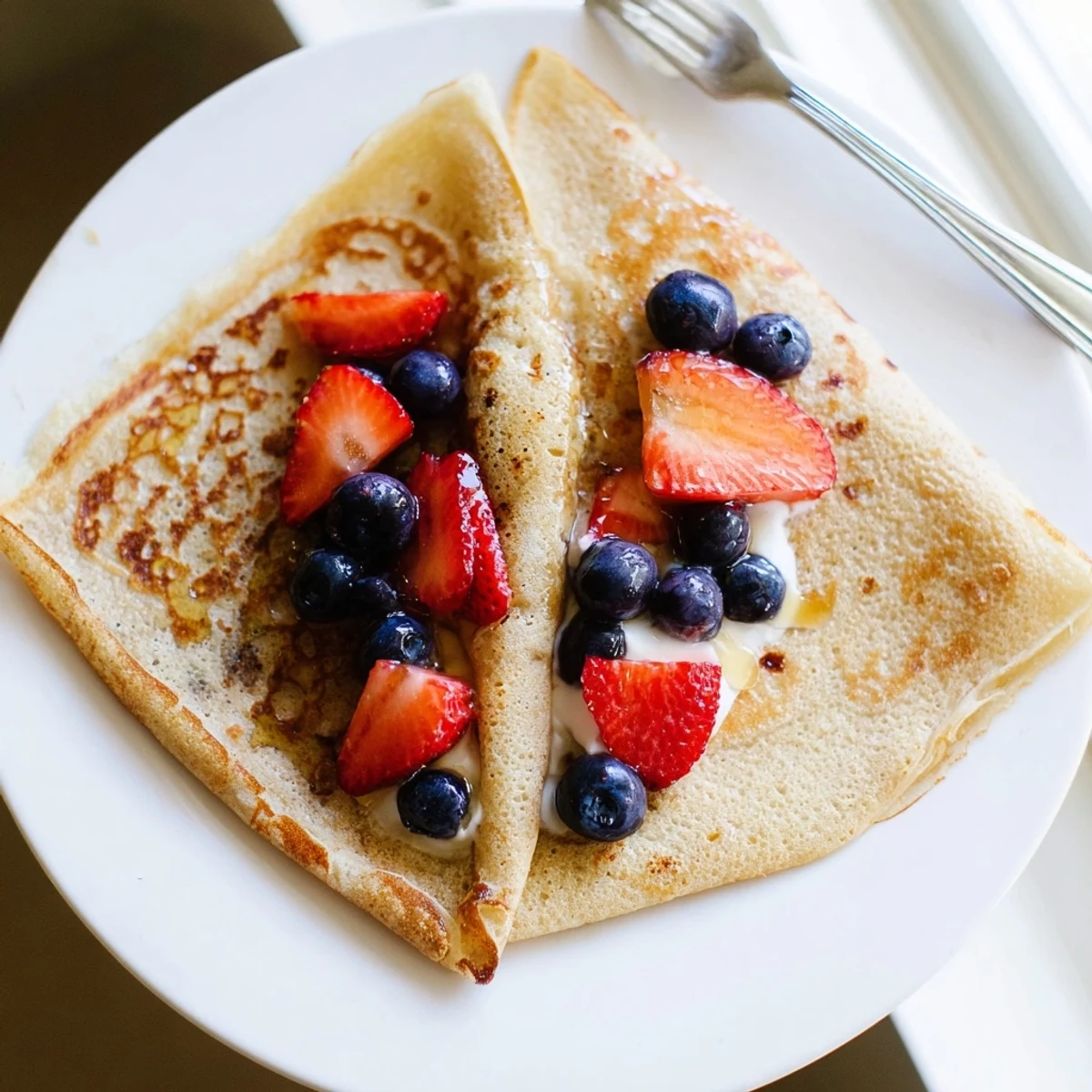 Golden healthy oatmeal crepes stacked on a white plate with fresh berries and honey drizzle
