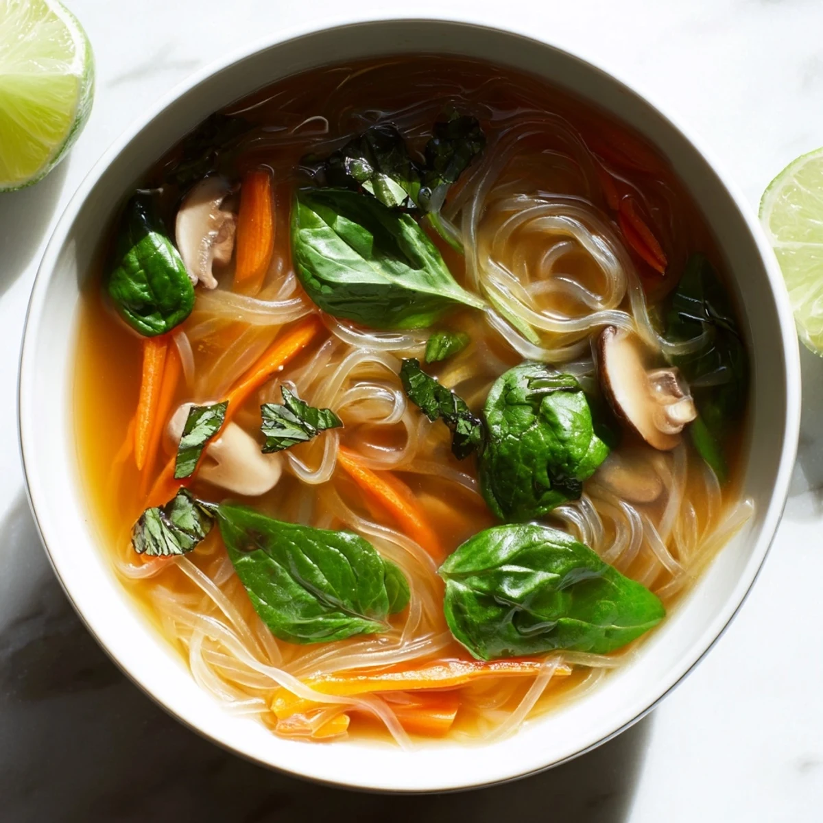Aromatic Asian-inspired soup featuring tender rice noodles in fragrant ginger garlic broth with colorful vegetables