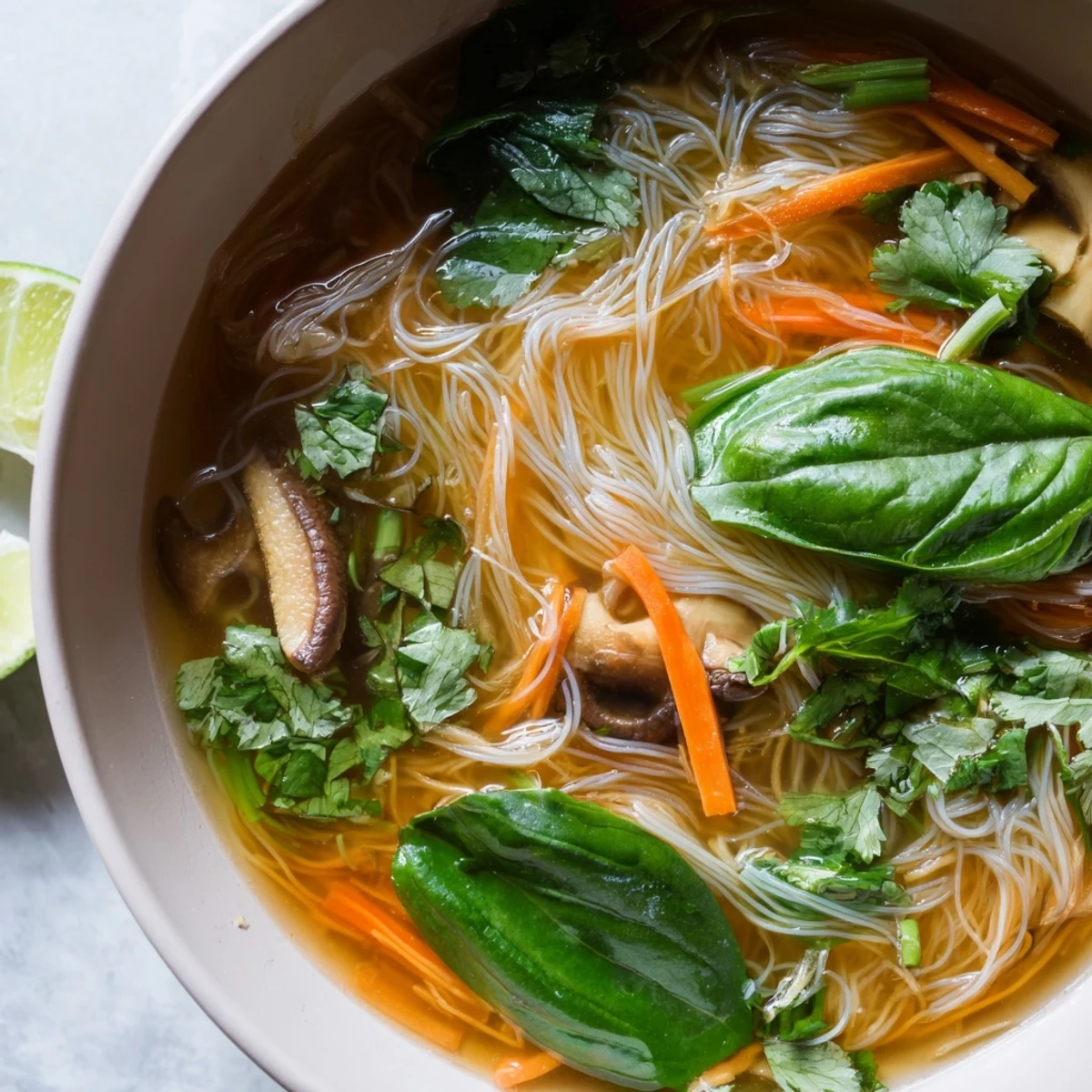 Steaming bowl of healing ginger garlic broth with rice noodles, fresh cilantro, and lime wedges