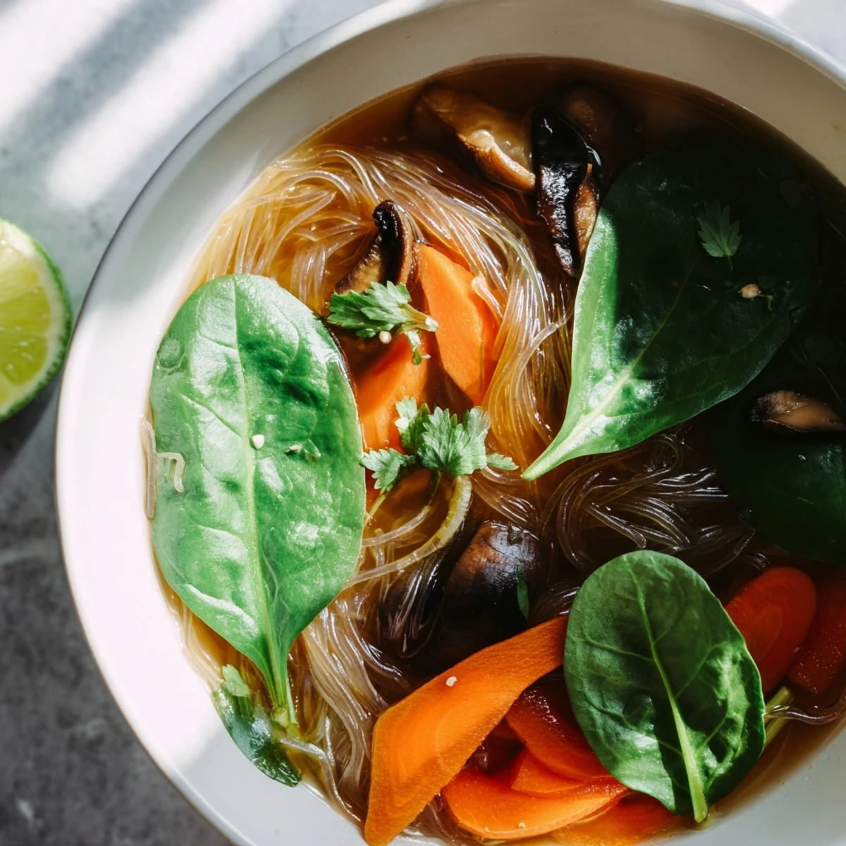 Comforting vegan ginger garlic broth with rice noodles garnished with basil, cilantro, and fresh lime