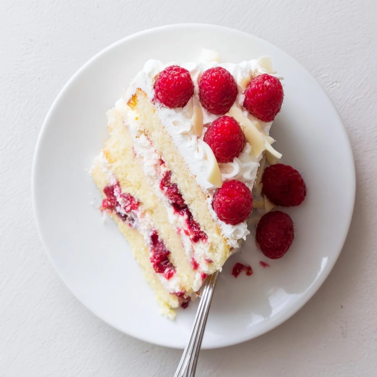 White chocolate raspberry cream cake slice showing layers of fluffy vanilla sponge topped with bright red raspberry compote and swirls of creamy white chocolate frosting