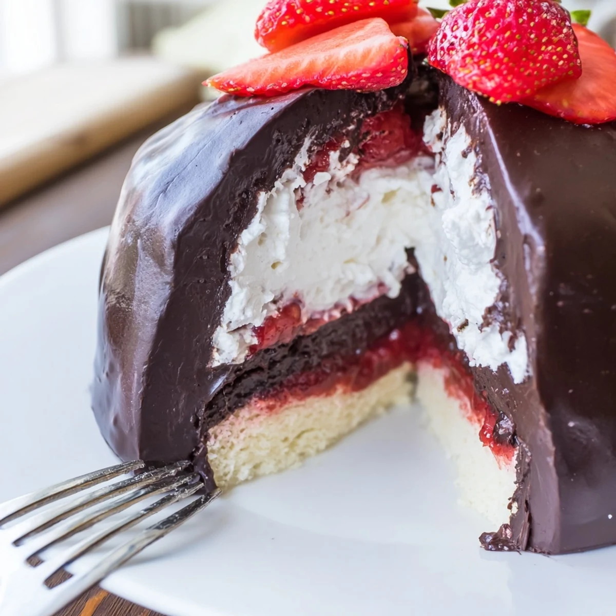 Decadent layered strawberry chocolate shell cake featuring whipped cream and ruby red strawberry filling