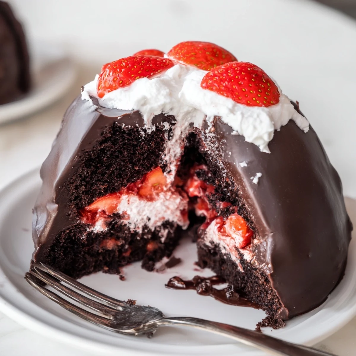 Glossy chocolate ganache pours over strawberry-filled chocolate shell cake creating a stunning crackling shell