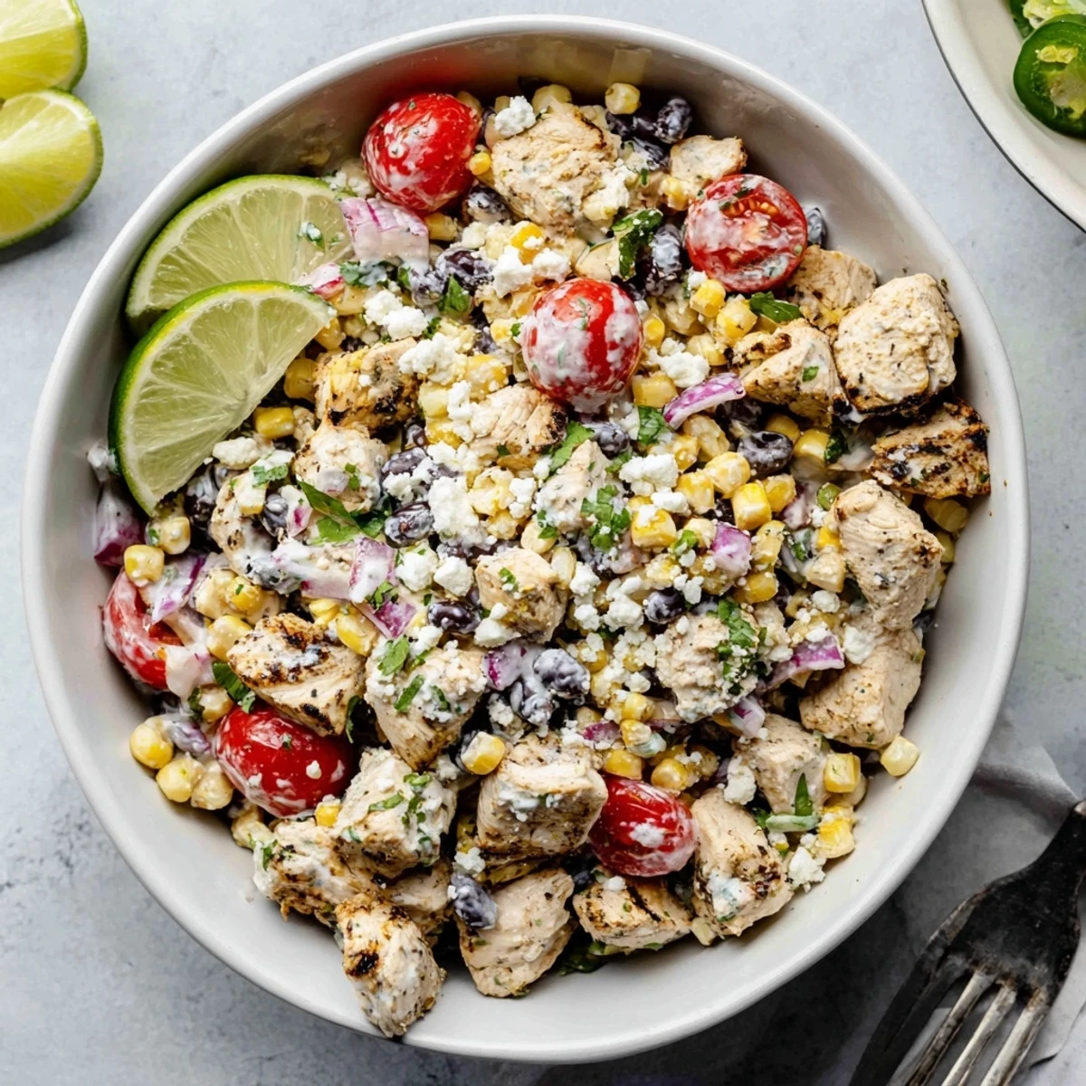 Colorful bowl of high protein chicken street corn salad topped with crumbled cotija cheese and fresh cilantro